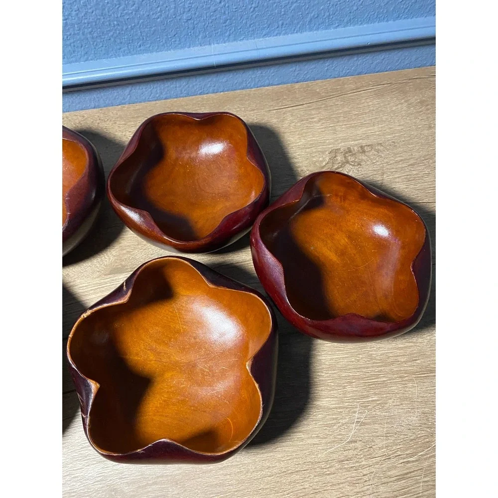 10pcs VTG 60s MCM Tiki Hawaiian Serving‎ Bowl Set Wood Flower Shape Utensils